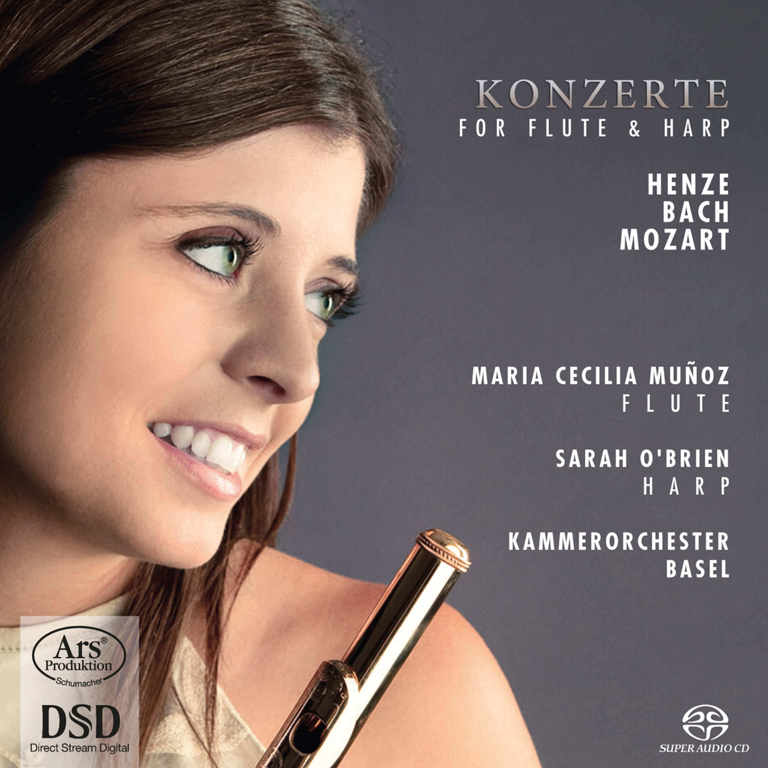 Album-Cover Konzerte fuer Floete und Harfe von Henze, Bach und Mozart, Kammerorchester Basel, Maria Munoz, Sarah O'Brien