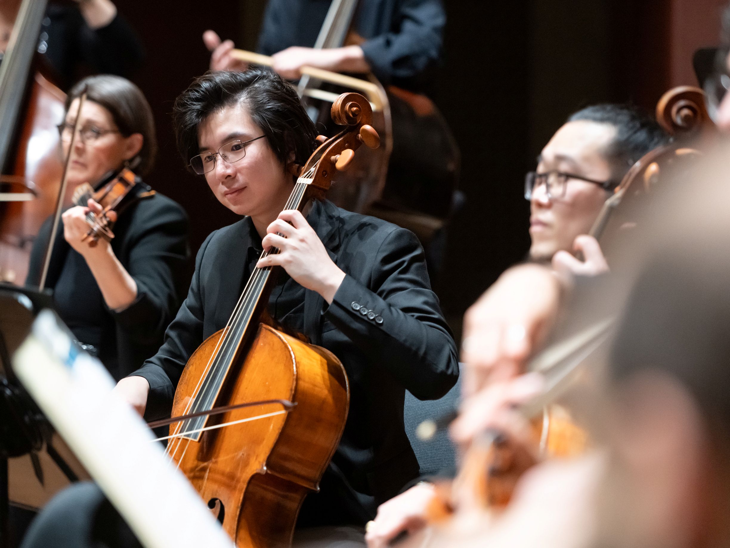 Cellist im Fokus, sitzend im Orchester und schwarz gekleidet.