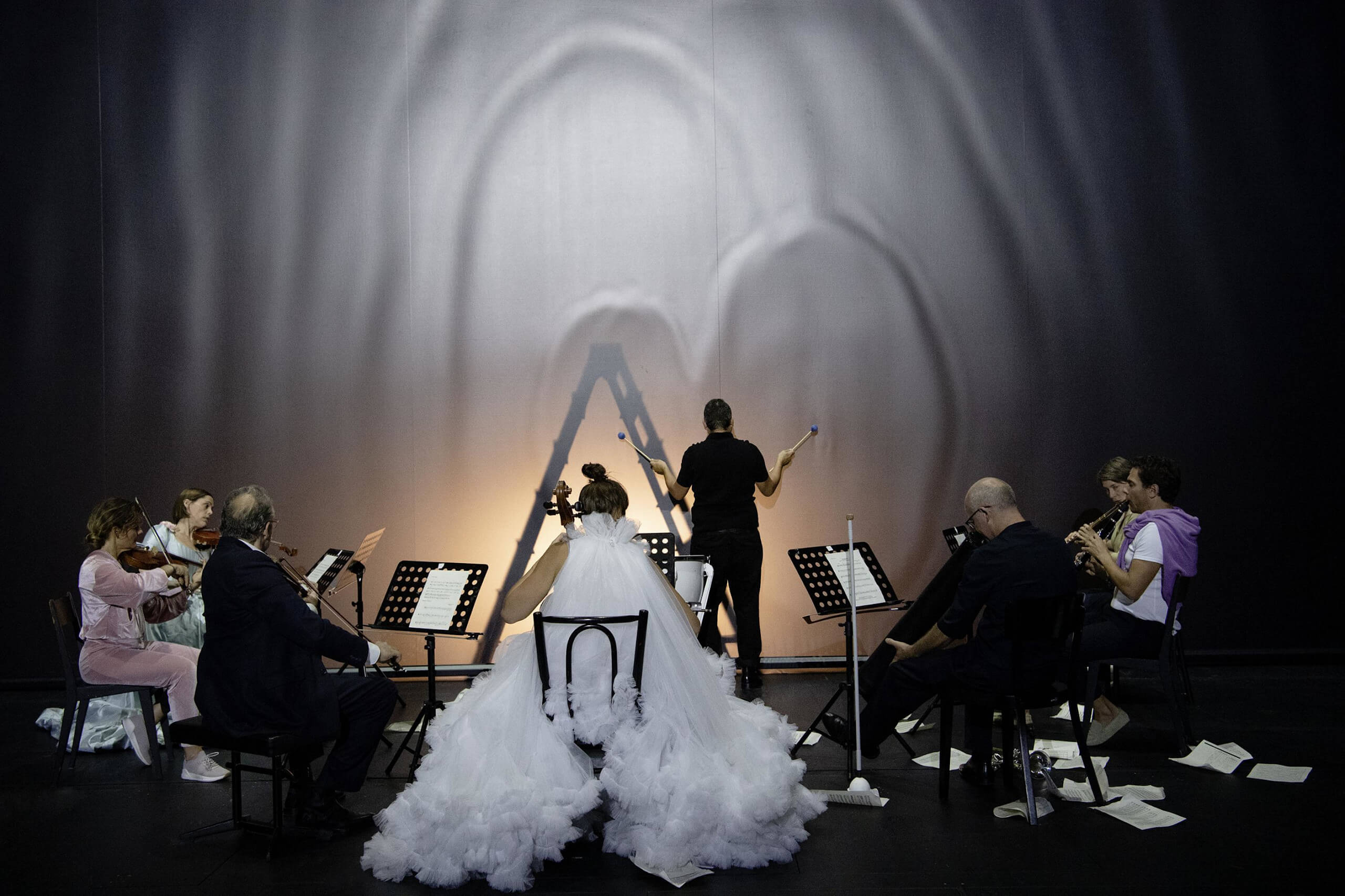 Kostümierte Musiker:innen sitzen im Halbkreis und musizieren. Sie sind von hinten abgebildet. Vor ihnen eine Schattenwand, hinter welcher eine Leiter steht.